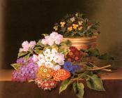 Apple Blossoms, Lilac, Violas, Cornflowers and Primroses on - 约翰·劳伦茨·延森